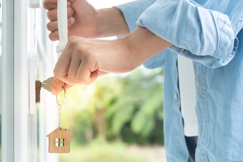 Landlord key for unlocking house is plugged into the door. Second hand house for rent and sale.